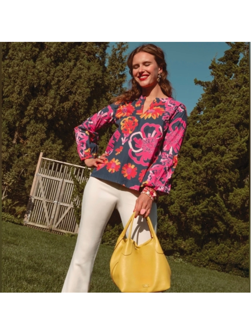 Frances Valentine Blouse Cotton Graphic Gerbera Print Womens Small Pockets